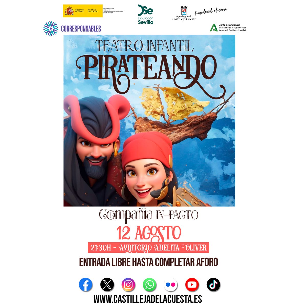 🏴‍☠️ ¡Izad las velas bucaneros!
El 12 de agosto a las 21:30h en el Auditorio Adelita Oliver toca disfrutar de "Pirateando", el teatro infantil de la compañía In-Pacto.

🎟 Entrada libre hasta completar aforo.
¡Diversión asegurada para toda la familia! ⚓
#ViveElVeranoEnCastilleja