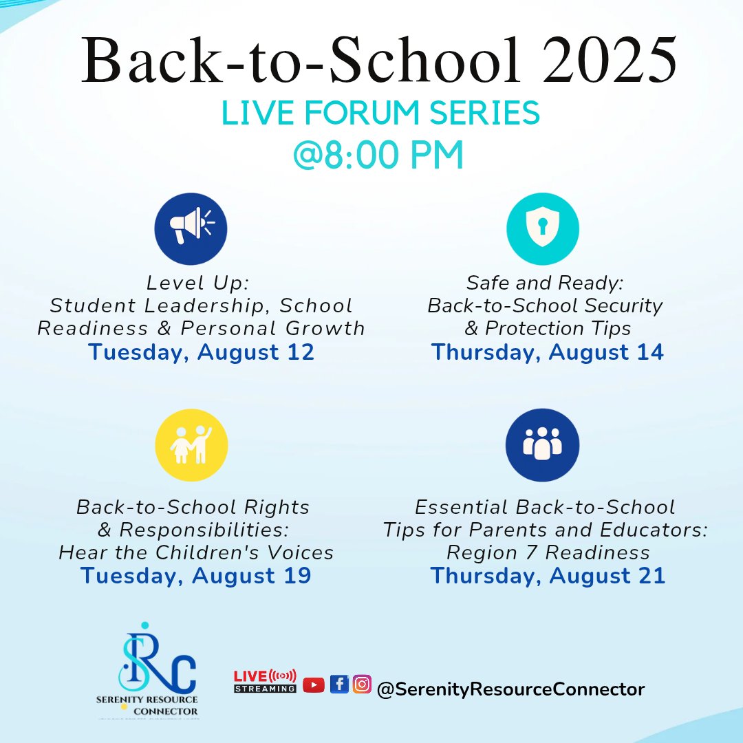 📚✨ Back-to-School 2025 with SRC

We’re hosting 4 dynamic forums this August:
▪️ Youth leadership &amp; Readiness
▪️ Back-to-School Safety
▪️ Child Rights in ECC
▪️ Region 7 School Prep 

🔴 Livestreamed on YouTube, Facebook &amp; IG
📝 Blog recaps weekly

#BackToSchool2025 #SRCForums