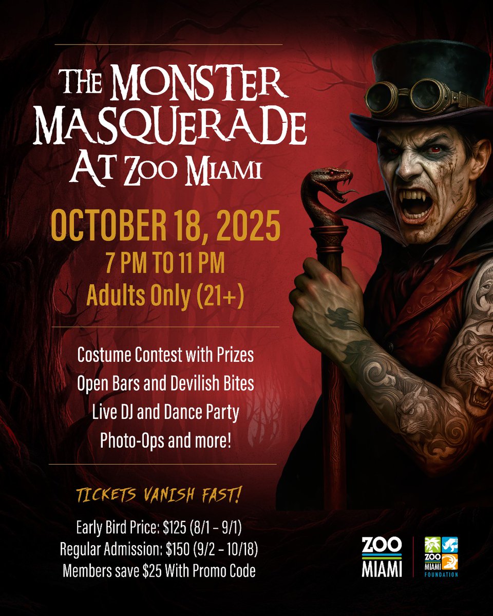 After years in the crypt... Monster Masquerade is making its long awaited return to #ZooMiami! On Saturday, October 18th, the wildest 21+ Halloween party returns for a night of mystery, mayhem, and moonlit madness!

Learn more here: bit.ly/3HmCSKO

Sponsored by <a href="/BACARDI/">BACARDI</a>