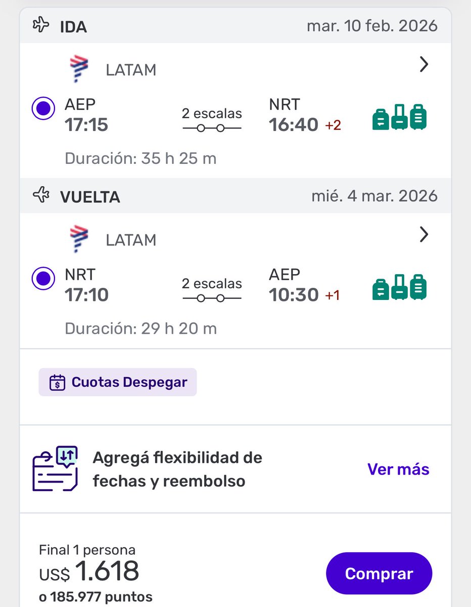 TOKIO EN 3 cuotas🇯🇵

Siguen los vuelos a Tokio, de las mejores ciudades del mundo

Con equipaje despachado en 3 cuotas de 555 usd

Es tu oportunidad de sacar el pasaje y haya vas a gastar menos que en Europa y Estados Unidos

Para ver opciones

urls.promociones-aereas.com.ar/i45sodkkd4