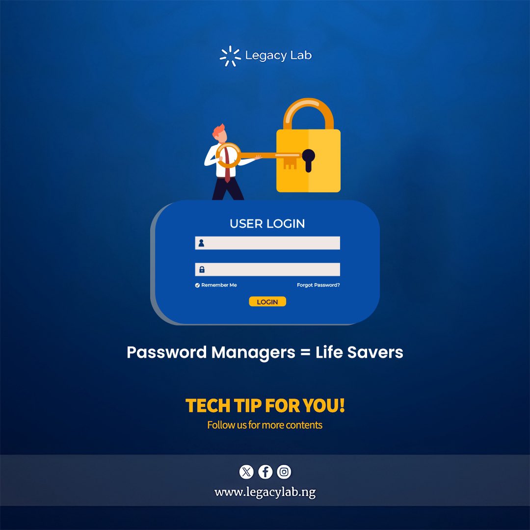 legacylabng's tweet image. Managing dozens of passwords doesn’t have to be a headache. A password manager securely stores all your login details, helps you create strong, unique passwords, and keeps your accounts safe from cyber threats. One master password,is peace of mind 

#legacylang #fridaytechtips