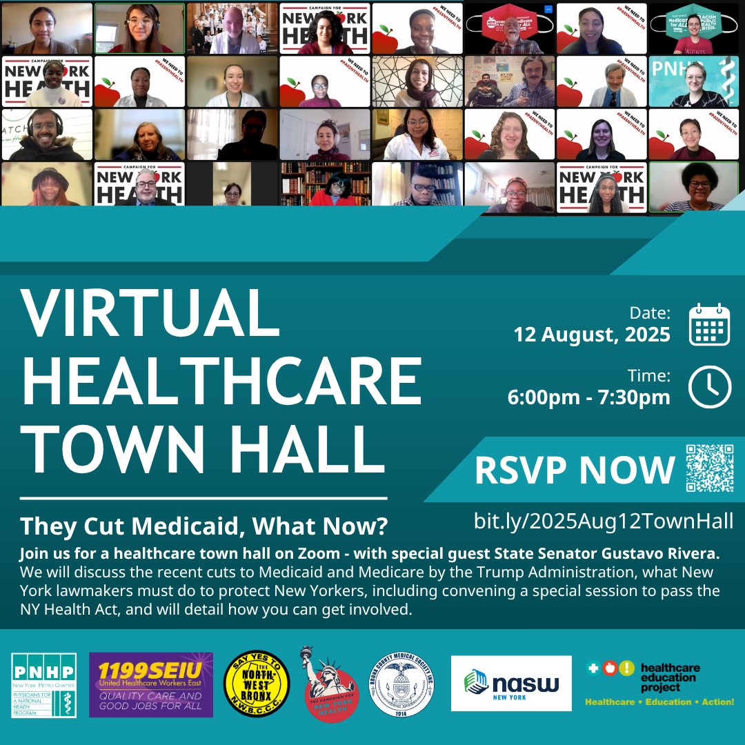 RSVP bit.ly/2025Aug12TownH… for our Virtual Healthcare Town Hall with special guest State Senator <a href="/GustavoRiveraNY/">Gustavo Rivera</a> this coming Tues, Aug 12, 6pm on Zoom, to discuss the cuts to Medicaid &amp; Medicare passed by the Trump Administration &amp; the urgent need to #PassNYHealth &amp; #NY4All.