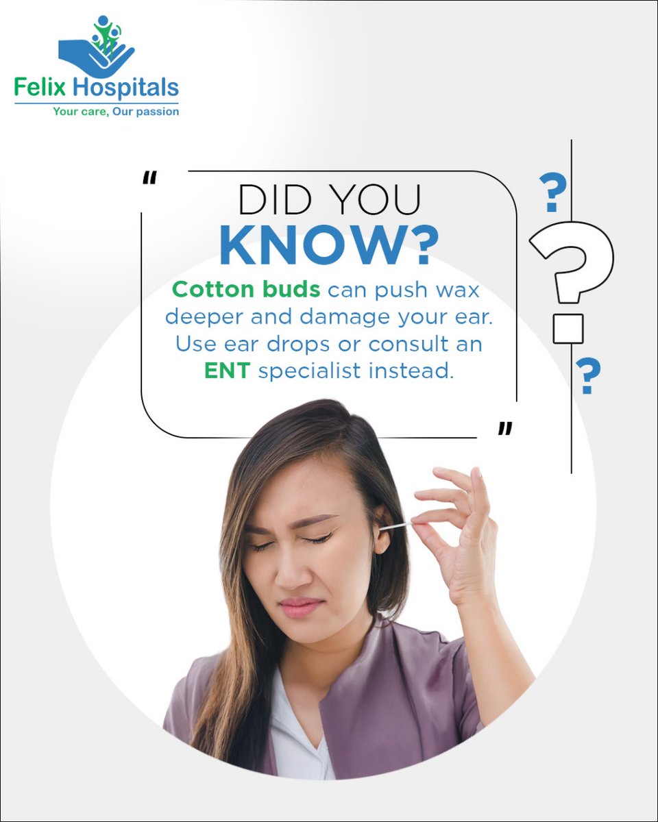 WellnessFelix's tweet photo. Using cotton buds can force the earwax further and damage your ear. Use ear drops or see an ENT specialist for safe attention!
#EarCare #ENTAwareness #FelixHospital #HealthyEars #EarHealth #ENTSpecialist #EarCareTips #SafeEarCleaning #HearingHealth #AvoidCottonBuds #EarSafety https://t.co/d569Lns7rD