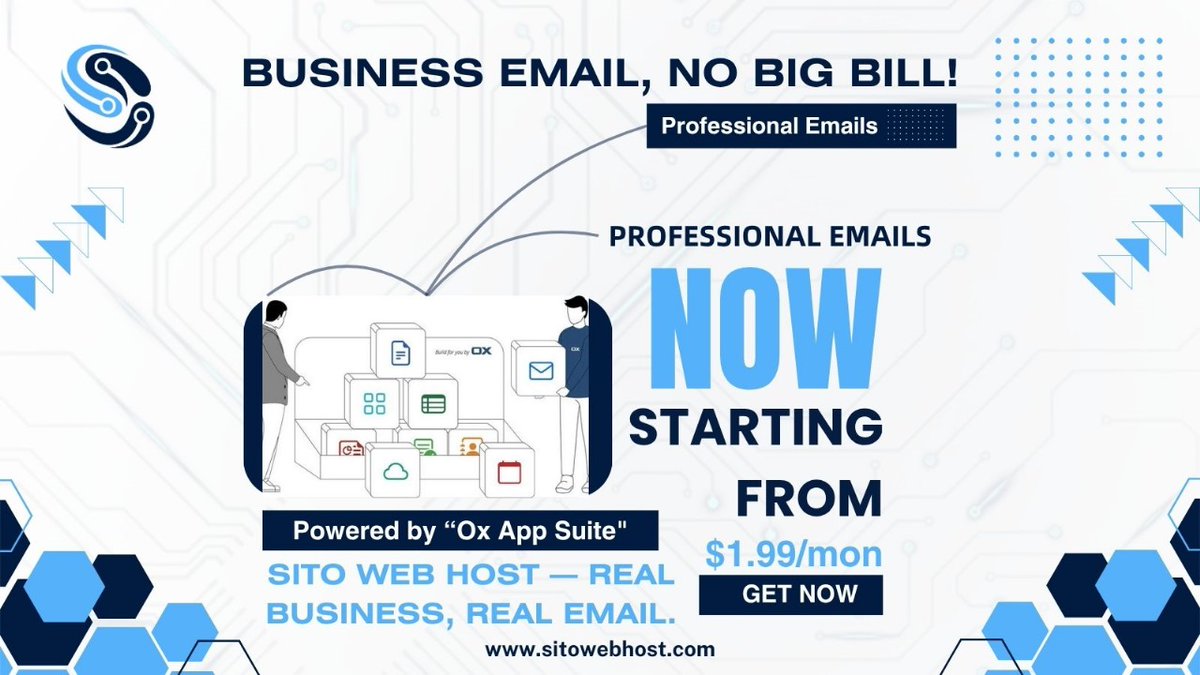 sparksailspk's tweet image. Business Email, No Big Bill. Just $1.99/mo.
Professional email powered by Ox App Suite.
Start branding your business right — without high costs.

Get started: sitowebhost.com
WhatsApp: +92 330 6897500

#BusinessEmail #OxAppSuite #SitoWebHost #AffordableEmail #WebHosting