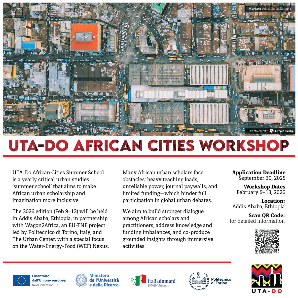 African Centre for Cities (@urbanafricaacc) on Twitter photo Exciting opportunity for early-career academics, researchers, activists & artists! The <a href="/UTADO_Africa/">UTA-Do African Cities Workshop</a> Summer School 2026 is happening in Addis Ababa from Feb 9-13. Join us for a week of critical urban studies, workshops, and immersive experiences. Apply by 30 Sep! #Wagon2Africa Exciting opportunity for early-career academics, researchers, activists & artists! The <a href="/UTADO_Africa/">UTA-Do African Cities Workshop</a> Summer School 2026 is happening in Addis Ababa from Feb 9-13. Join us for a week of critical urban studies, workshops, and immersive experiences. Apply by 30 Sep! #Wagon2Africa