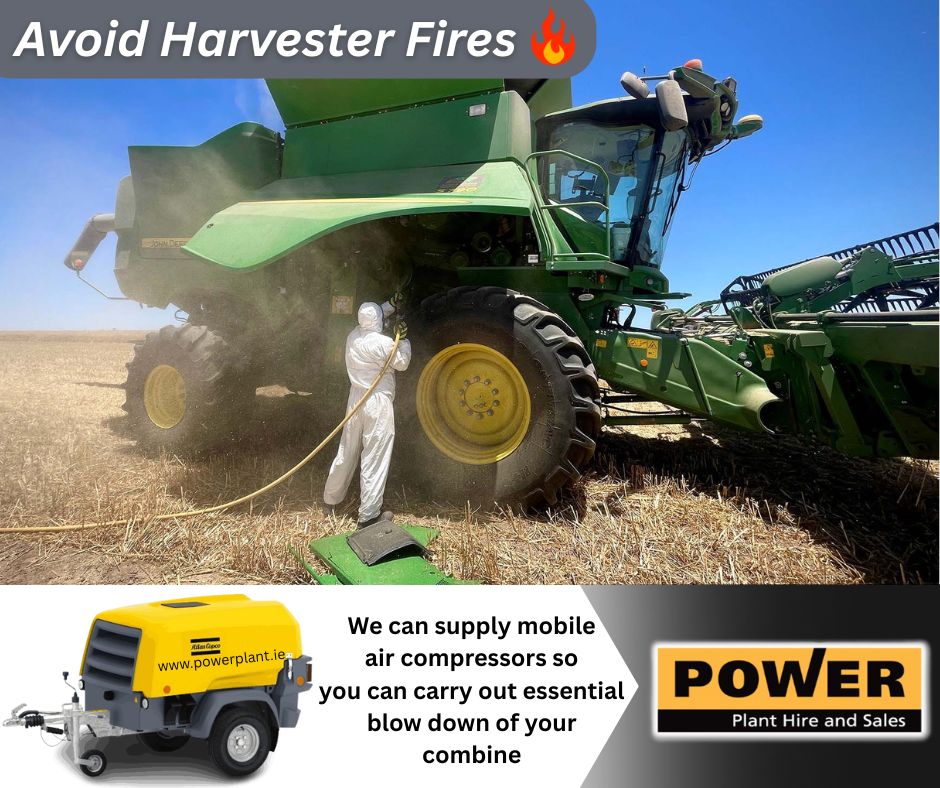 Operators should be conducting regular clean downs during harvest season, Most harvester fires are caused by dust and chaff build-up. We hire mobile air compressors complete with 2 hoses and Air force blow down gun to help you with this task. #WEXFORD #HIRE