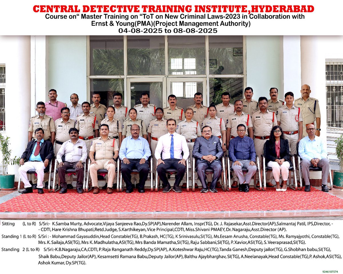 Conducted five days Batch 3 ToT Course on 'New Criminal Laws - 2023 (Part 1 &amp; 2)' from 04.08.2025 to 08.08.2025 in collaboration with PMA team at CDTI, Hyderabad.  25 Officers (Police  Officers  -17; Prison Officers - 4 and FSL - 4) have participated in this course.