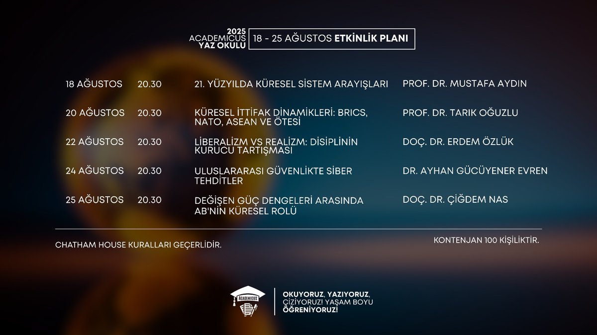 Academicus (@tracademicus) on Twitter photo 🎓 Academicus Yaz Okulu’nda ilk hafta programımız 👇
📌 Her oturum için Zoom katılım kayıt linklerini gelecek hafta paylaşacağız 😊
<a href="/profdrmaydin/">Mustafa Aydın 🇹🇷💯</a> <a href="/TarikOguzlu/">Tarık Oğuzlu</a> #ErdemÖzlük <a href="/ayhangucuyener/">Ayhan Gucuyener</a> <a href="/kaliko7466/">Çiğdem Nas</a>
<a href="/Erkann_Sahinn/">Erkan Şahin</a> <a href="/erman1995/">Erman Ermihan</a> 🎓 Academicus Yaz Okulu’nda ilk hafta programımız 👇
📌 Her oturum için Zoom katılım kayıt linklerini gelecek hafta paylaşacağız 😊
<a href="/profdrmaydin/">Mustafa Aydın 🇹🇷💯</a> <a href="/TarikOguzlu/">Tarık Oğuzlu</a> #ErdemÖzlük <a href="/ayhangucuyener/">Ayhan Gucuyener</a> <a href="/kaliko7466/">Çiğdem Nas</a>
<a href="/Erkann_Sahinn/">Erkan Şahin</a> <a href="/erman1995/">Erman Ermihan</a>