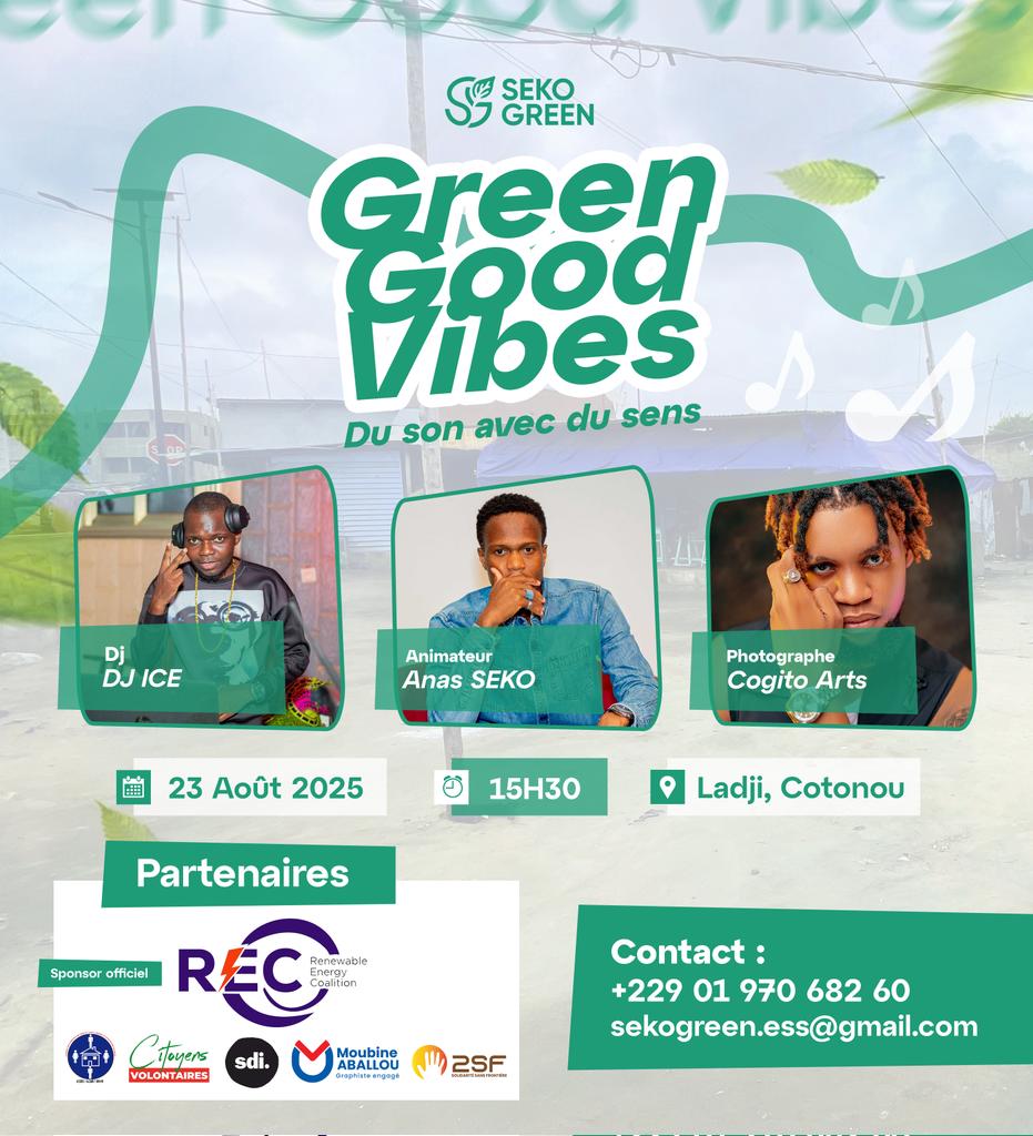 Green Good Vibes : Quand la musique se met au service de la planète.

Parce qu’il est temps que le son ait du sens, Citoyens Volontaires est fier d’apporter son soutien en tant que partenaire à cet événement innovant porté par SEKO GREEN.

Le 23 août 2025 à 15h30, rejoignez-nous