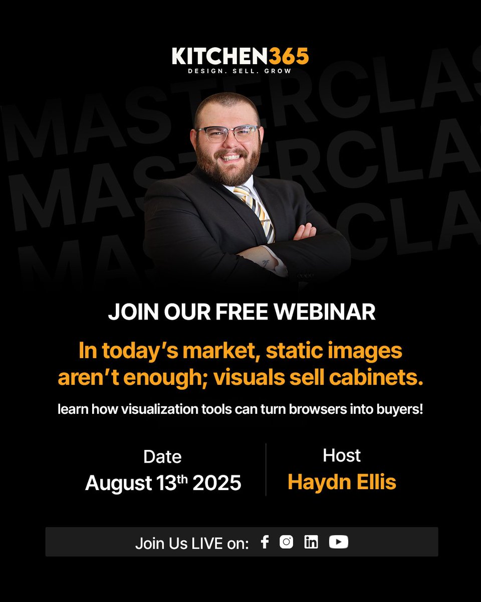 kitchen365_'s tweet image. Want your cabinet styles to pop online? Join our FREE webinar on August 13th, hosted by Haydn Ellis, and learn how visualization tools can turn browsers into buyers!
#Kitchen365 #CabinetDesign #VisualizationTools #OnlineMarketing #Webinar