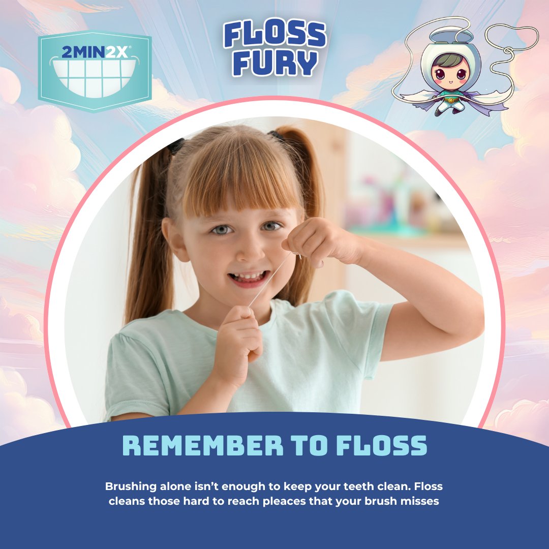 Message from Floss Fury:

Skipping flossing means leaving almost half your tooth surfaces unclean! Brushing alone isn’t enough to keep your teeth clean, flossing reaches the spaces along your teeth and gum line that a toothbrush can’t. #flossfury #clean #2x2day #DentSquad