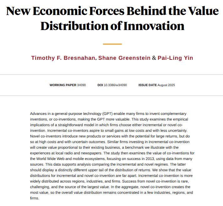 In 2013 incremental co-invention was widely distributed across regions, industries, and firms, but the source of the largest value came from novel co-invention, which is rare, from <a href="/timobres/">Tim Bresnahan</a>, Shane Greenstein, and Pai-Ling Yin nber.org/papers/w34090