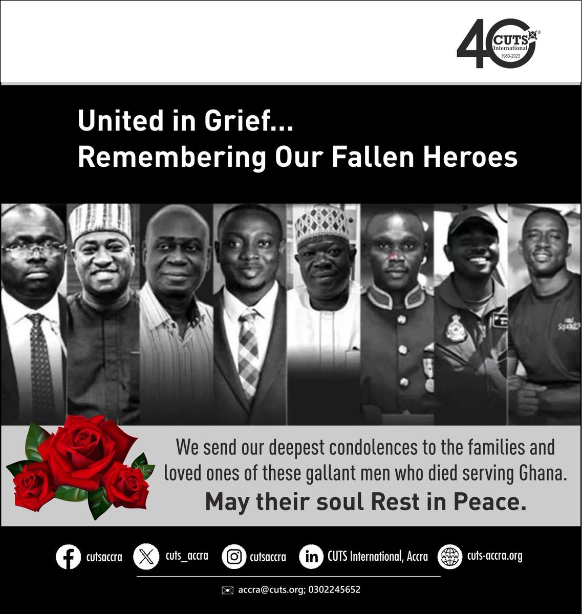 CUTS Accra (@cuts_accra) on Twitter photo United in grief, we remember our fallen heroes. 🇬🇭 Their service and sacrifice for Ghana will not be forgotten. Our deepest condolences to their families. May their souls Rest In Peace. 🙏🕊️
<a href="/Psm_cuts/">Pradeep  S. Mehta</a> <a href="/appiahkusi/">Appiah Adomako</a> 
 #Ghana #FallenHeroes #RIP #CUTSAccra United in grief, we remember our fallen heroes. 🇬🇭 Their service and sacrifice for Ghana will not be forgotten. Our deepest condolences to their families. May their souls Rest In Peace. 🙏🕊️
<a href="/Psm_cuts/">Pradeep  S. Mehta</a> <a href="/appiahkusi/">Appiah Adomako</a> 
 #Ghana #FallenHeroes #RIP #CUTSAccra