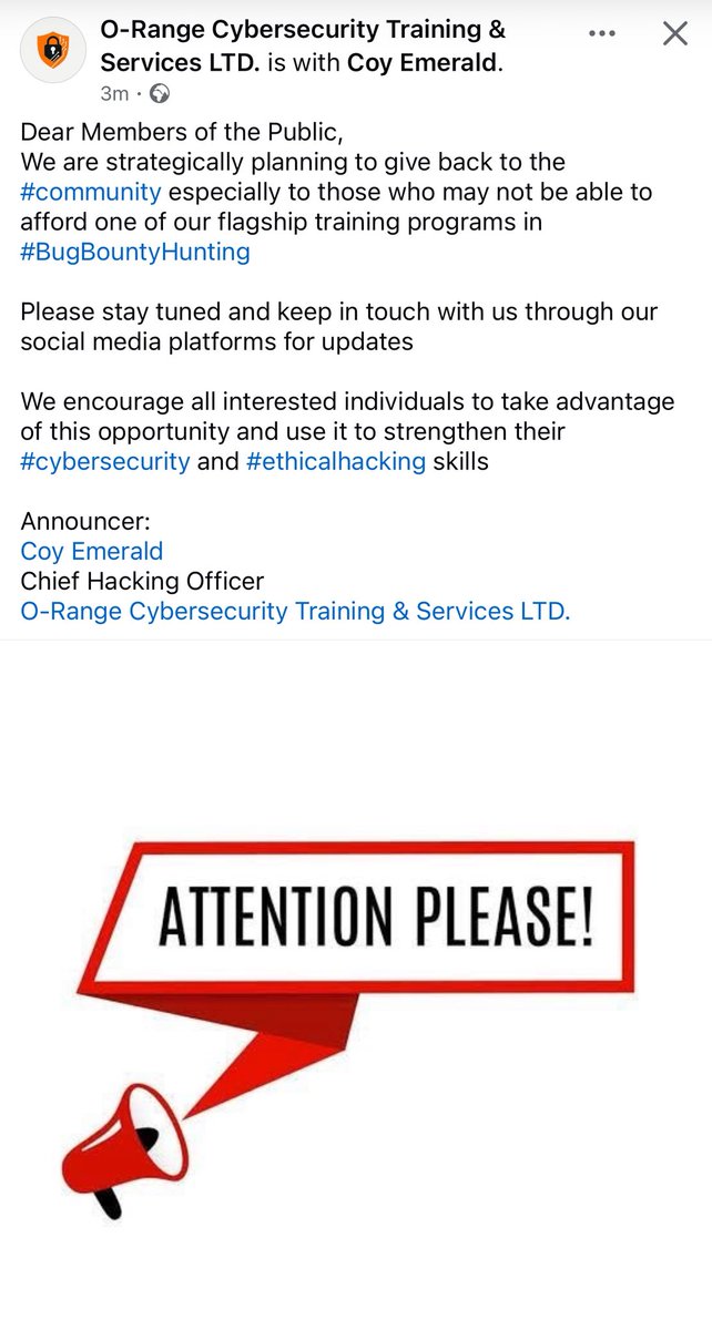 Coy Emerald (Yunus) π³π¬πΊπ¦ (@coyemerald1) on Twitter photo βAnd we encourage all interested individuals to take advantage of this opportunity and use it to strengthen their #cybersecurity and #ethicalhacking skills.β ~ <a href="/o_cyberservices/">O-range Cybersecurity Services</a> βAnd we encourage all interested individuals to take advantage of this opportunity and use it to strengthen their #cybersecurity and #ethicalhacking skills.β ~ <a href="/o_cyberservices/">O-range Cybersecurity Services</a>