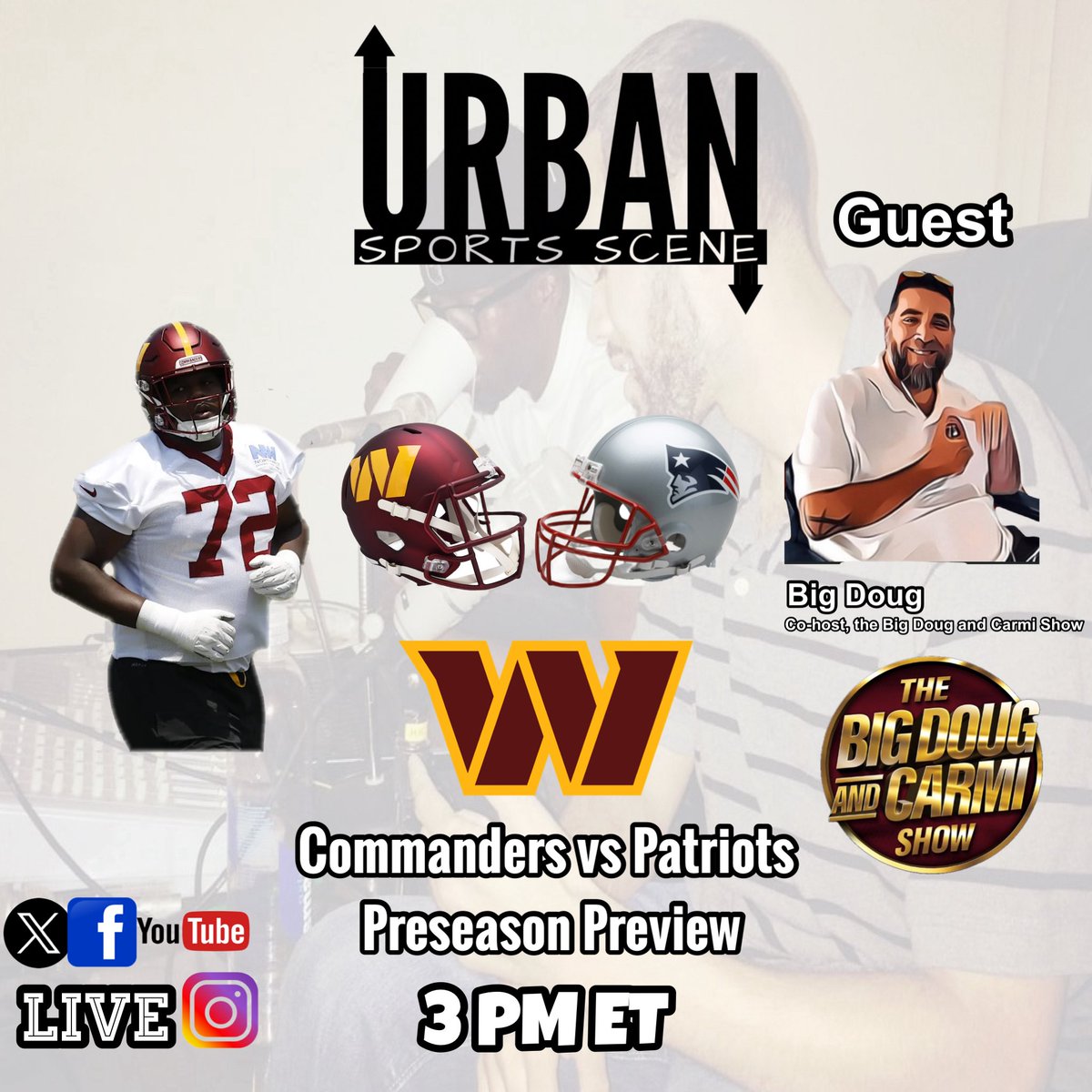 Urban Sports Scene (@urbansportscene) on Twitter photo At 3 pm ET, <a href="/TBDACS/">Big Doug & Carmi</a>’s <a href="/DougMcCrayNFL/">Big Doug</a> joins <a href="/Wole_USS/">Wole</a> to preview the Commanders preseason game against the Patriots. Watch, LIVE via our X or YouTube livestream (YT: youtube.com/live/vhxJUq8nr…) Subscribe to the YT Channel too. #Raisehail <a href="/UrbanSportS_Ray/">Ray Rogers</a> At 3 pm ET, <a href="/TBDACS/">Big Doug & Carmi</a>’s <a href="/DougMcCrayNFL/">Big Doug</a> joins <a href="/Wole_USS/">Wole</a> to preview the Commanders preseason game against the Patriots. Watch, LIVE via our X or YouTube livestream (YT: youtube.com/live/vhxJUq8nr…) Subscribe to the YT Channel too. #Raisehail <a href="/UrbanSportS_Ray/">Ray Rogers</a>