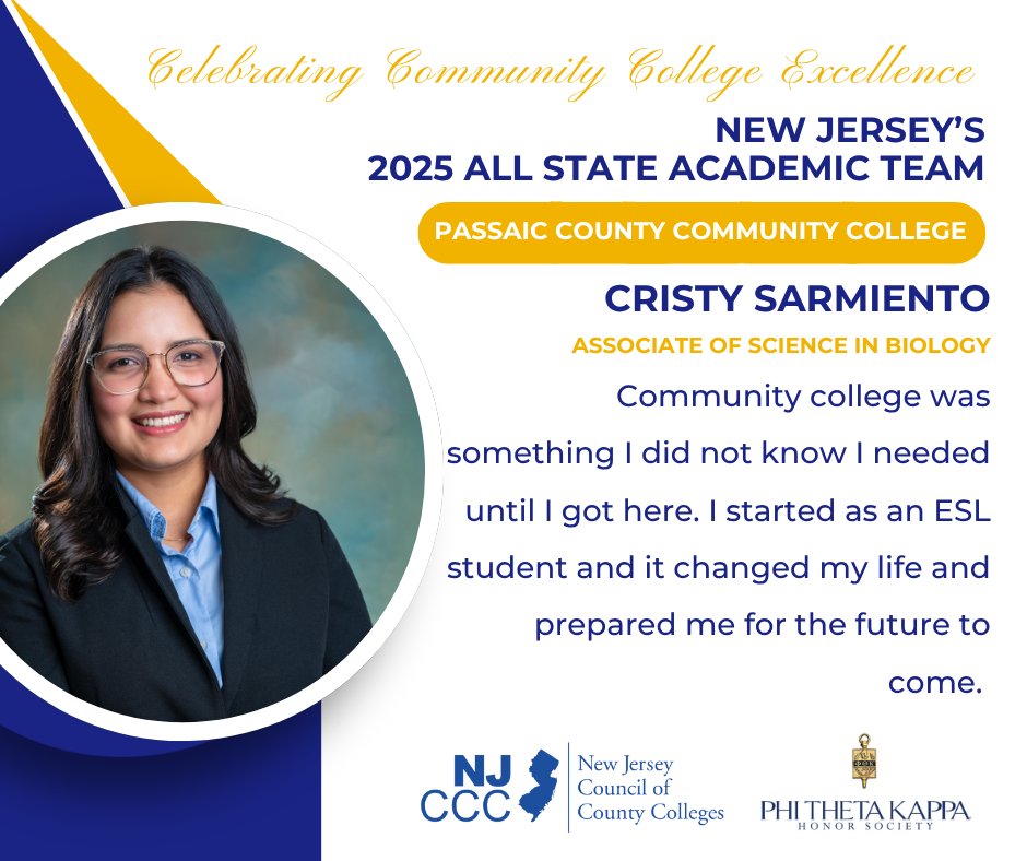 NJ's Community Colleges (@njcommcolleges) on Twitter photo Join us in celebrating Cristy Sarmiento of @pcccnj a proud member of the 2025 NJ All-State Academic Team! 
Your leadership, service, and scholarship inspire us all. 
#NJAllStateAcademicTeam #IamPTK @phithetakappa Join us in celebrating Cristy Sarmiento of @pcccnj a proud member of the 2025 NJ All-State Academic Team! 
Your leadership, service, and scholarship inspire us all. 
#NJAllStateAcademicTeam #IamPTK @phithetakappa