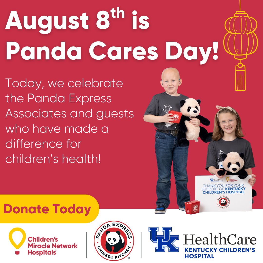 Today, August 8th, is Panda Cares Day at Panda Express! 🎉🐼 Enjoy lunch or dinner and
help kids in your community. All year long, @pandaexpress partners with @cmnhospitals,
making a big difference in the lives of our patients and families at <a href="/KCHKids/">Golisano Children’s at UK</a>. Thank you, Panda Express!