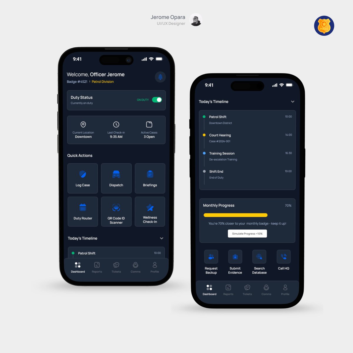 Jerome_D_1st's tweet image. Pixel-Perfect Policing 🚔
Just wrapped up a police officer console design.
Dark mode, quick-access actions, progress bar for “good deeds” (yes, gamifying justice 👀).
Because even crime-fighting deserves clean UI &amp;amp; buttery UX.
#UIDesign #UXDesign #PoliceTech #DesignThinking