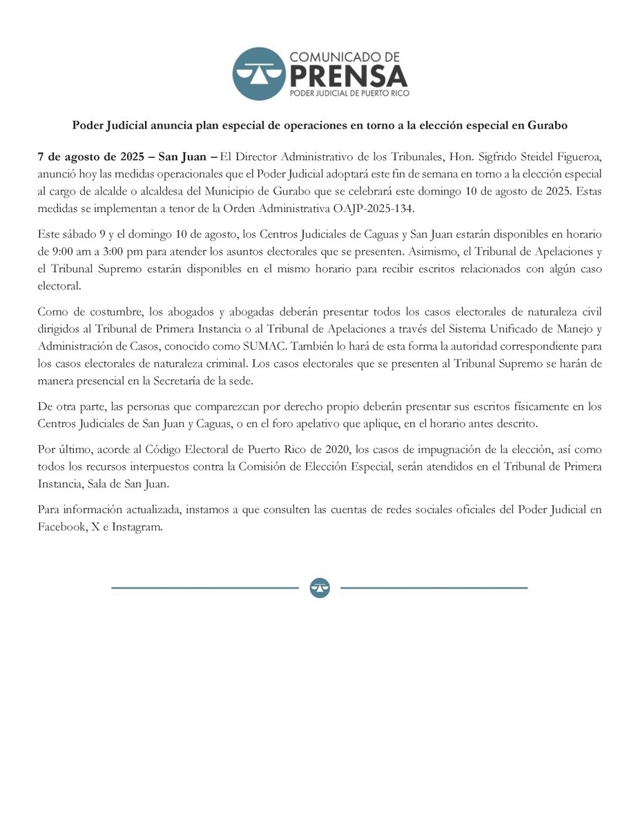 [Comunicado de prensa] Poder Judicial anuncia plan especial de operaciones en torno a la elección especial en Gurabo