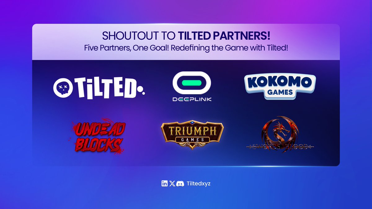 🌐 Five Partners. Endless Play.

The @TiltedXYZ ecosystem just got even bigger—teaming up with five powerhouse names pushing Web3 gaming forward:

⚔️ <a href="/SwordsofBlood_/">Swords of Blood ⚔️</a> – Hack-and-slash RPG action meets creator-driven content.

🔥 <a href="/kokomo_games/">🥥 Kokomo Games</a> – From Telegram’s 1M1 PvP frenzy to
