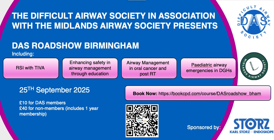 Difficult Airway Society (DAS) Residents (@dasresidents) on Twitter photo We hope you saw the <a href="/dasairway/">Difficult Airway Society (DAS)</a> member's update in your inboxes this week!
In case you didn't see it spaces are booking fast for our DAS Roadshow in Birmingham.
bookcpd.com/course/DASroad… We hope you saw the <a href="/dasairway/">Difficult Airway Society (DAS)</a> member's update in your inboxes this week!
In case you didn't see it spaces are booking fast for our DAS Roadshow in Birmingham.
bookcpd.com/course/DASroad…