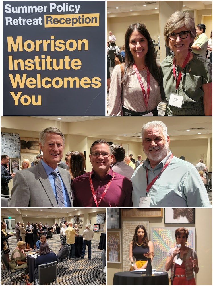 EVPLewis's tweet photo. With Arizona elected officials at the @MorrisonASU Summer Policy Retreat Reception; from #phxeastvalley Amy Arguilez @CityofMesa @MesaDistrict4 @EVPartnership @GilbertYourTown @rkb_buck @TownofFlorence Tony Bencina and #MorrisonInstitute Ex.Dir Andrea Whitsett & Chair @LisaUrias https://t.co/6JTyP0mPpU