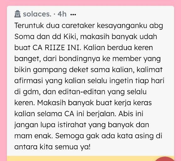 Sumpah kalian pada WOA BANGET GWGWGWG GAK BSIAAJJAJA 😭😭😭😭 Makasih ya semuanya udah suka sama konsep, editan, wording, semua yang ada di CA ini — bahkan kekurangan kami. Makasih udah menerima aku yang alay ini huhuhu moga gk ilfeel y,,,, ILY all.... /peluk
