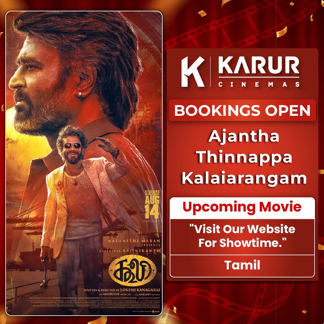 📢 Bookings Open!
We have opened bookings for “Coolie”
🎬Releasing on August 14, 2025.
🎟️ Book Now: karurcinemas.com

#Coolie | #Rajinikanth | #Anirudh | #LokeshKanagaraj | #AamirKhan | #Nagarjuna | #Upendra | #Poojahegde | #Tamilcinema | #Movies | #Karur | #KarurCinemas