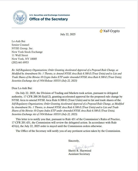 The SEC has officially approved the BitWise ETF! 
Now featuring $BTC, $ETH, $SOL, $ADA, $SUI, $LINK, $AVAX, $LTC, $DOT — and for the first time ever, $XRP is part of a fully REGULATED ETF! 🔥

This is MASSIVE — Wall Street has just opened its doors to $XRP