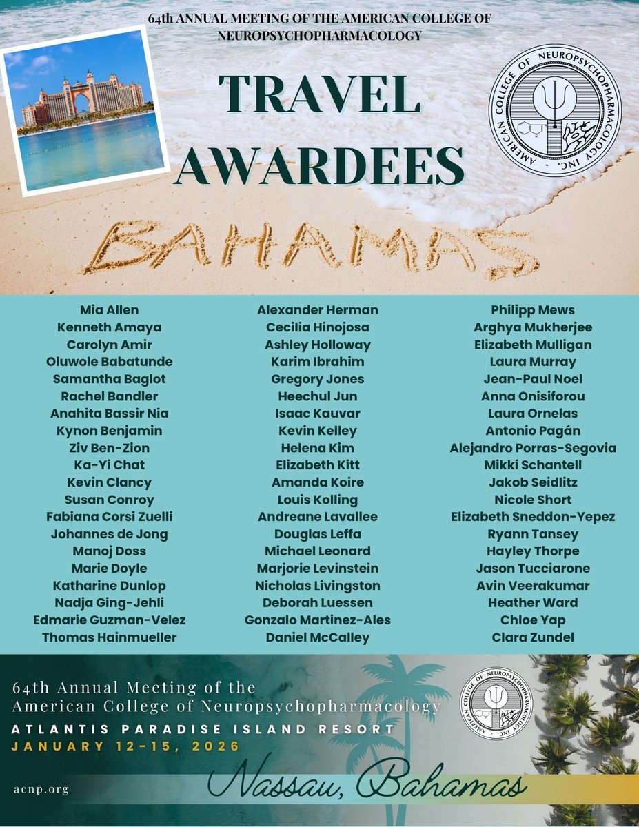 Leah Mayo (@mayoonthebrain) on Twitter photo SO MANY fantastic Travel Awardees will be joining us for #ACNP2026 in the Bahamas🧠🏖️
...but I'm extra excited that our very own <a href="/pact_lab/">Psychedelic & Cannabinoid Therapeutics (PaCT) Lab</a> postdoc Dr. Ryann Tansey will be among them 🤩 SO MANY fantastic Travel Awardees will be joining us for #ACNP2026 in the Bahamas🧠🏖️
...but I'm extra excited that our very own <a href="/pact_lab/">Psychedelic & Cannabinoid Therapeutics (PaCT) Lab</a> postdoc Dr. Ryann Tansey will be among them 🤩