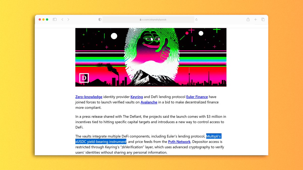 Maksim 🥷 (@shynshylyonok) on Twitter photo Multipli V2 went live on <a href="/avax/">Avalanche🔺</a> and it's confirmed
<a href="/KeyringNetwork/">Keyring Network</a> & <a href="/eulerfinance/">Euler Labs</a> launched a "zkVerified vaults" which allow users to complete KYC without revealing their identity publicly
<a href="/multiplifi/">Multipli.fi</a>'s xUSDC is now generating stable 10+ APY% for these zero-knowledge vaults👇👇 Multipli V2 went live on <a href="/avax/">Avalanche🔺</a> and it's confirmed
<a href="/KeyringNetwork/">Keyring Network</a> & <a href="/eulerfinance/">Euler Labs</a> launched a "zkVerified vaults" which allow users to complete KYC without revealing their identity publicly
<a href="/multiplifi/">Multipli.fi</a>'s xUSDC is now generating stable 10+ APY% for these zero-knowledge vaults👇👇
