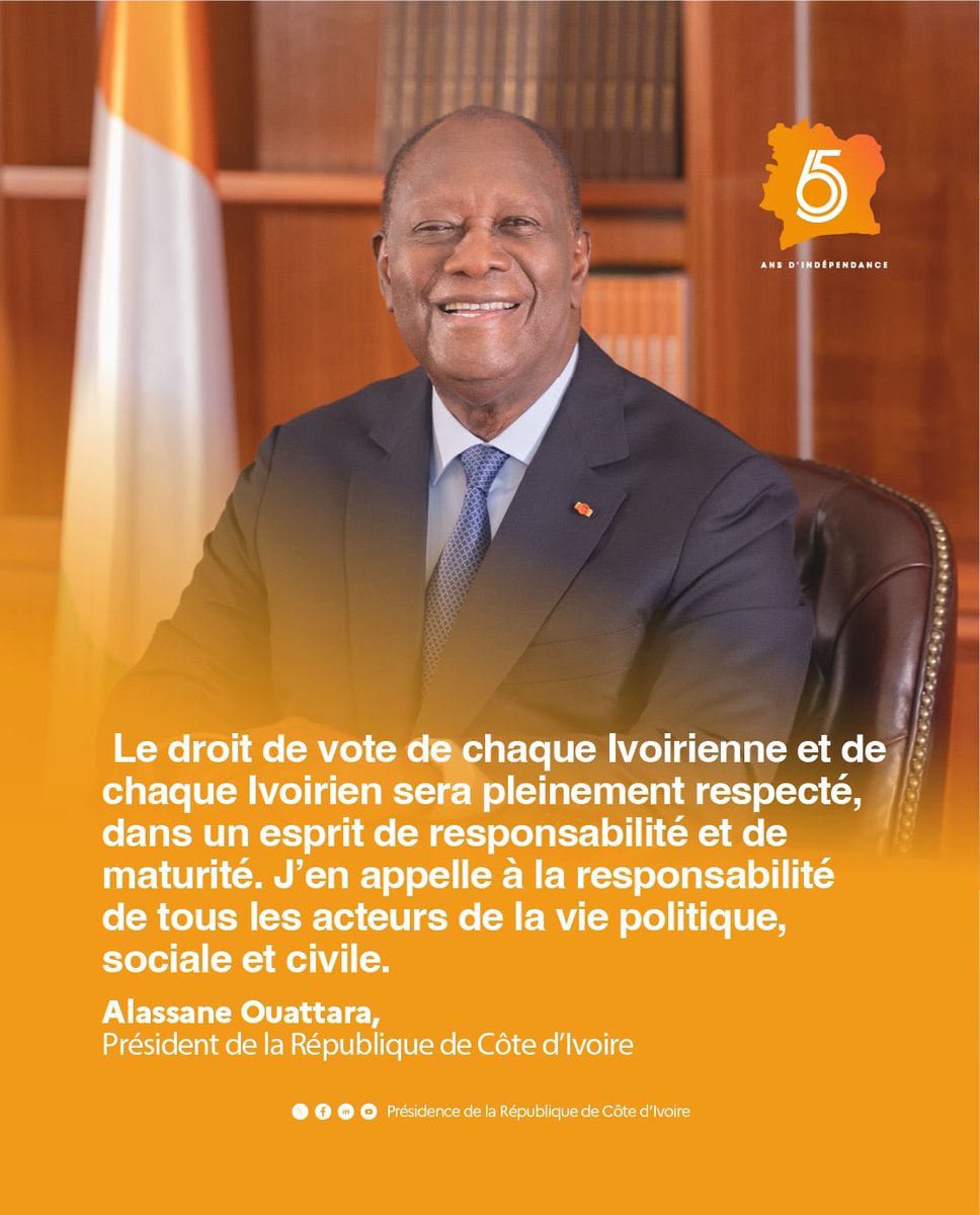 Le droit de vote de chaque Ivoirienne et de chaque Ivoirien sera pleinement respecté, dans un esprit de responsabilité et de maturité. J’en appelle à la responsabilité de tous les acteurs de la vie politique, sociale et civile.
