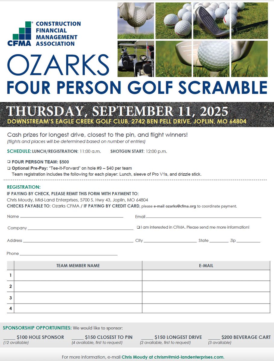 🏌️‍♂️ Tee Off with CFMA Ozarks!
Join us for the Ozarks Four Person Golf Scramble on Thursday, September 11, 2025 at Downstream’s Eagle Creek Golf Club in Joplin!

Register today >> bit.ly/4mklSna

📧 Questions? Contact chrism@mid-landenterprises.com

#CFMAOzarks