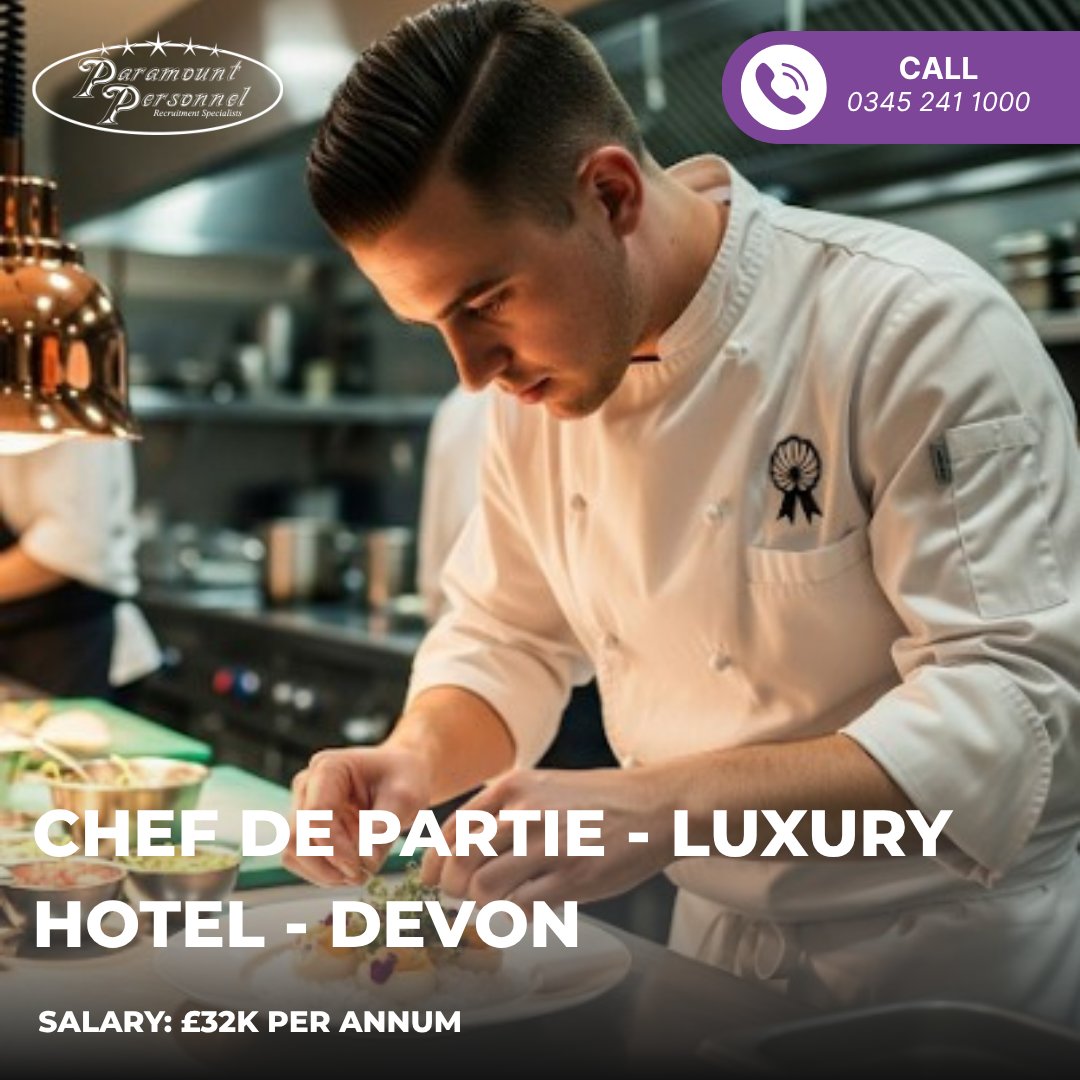 Exciting opportunity for a Chef de Partie at a luxury hotel in Barnstaple, Devon! Earn £32k/year to showcase your culinary flair. Dive into a vibrant team and elevate your career. #ChefJob #CulinaryCareer #BarnstapleJobs #LuxuryHotel ➡️ Check it out: paramountpersonnel.com/vacancy/chef-d…