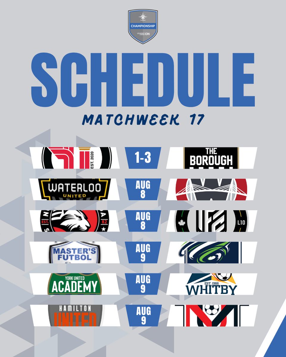 League1 Ontario, Men’s Division 🇨🇦 (@l1omens) on Twitter photo Ready for the weekend. 🙌
After <a href="/TheBoroughFC/">The Borough Football Club</a> won on Tuesday, Matchweek 1️⃣7️⃣ continues with an exciting round of matches.
#L1ONSteppingUp Ready for the weekend. 🙌
After <a href="/TheBoroughFC/">The Borough Football Club</a> won on Tuesday, Matchweek 1️⃣7️⃣ continues with an exciting round of matches.
#L1ONSteppingUp