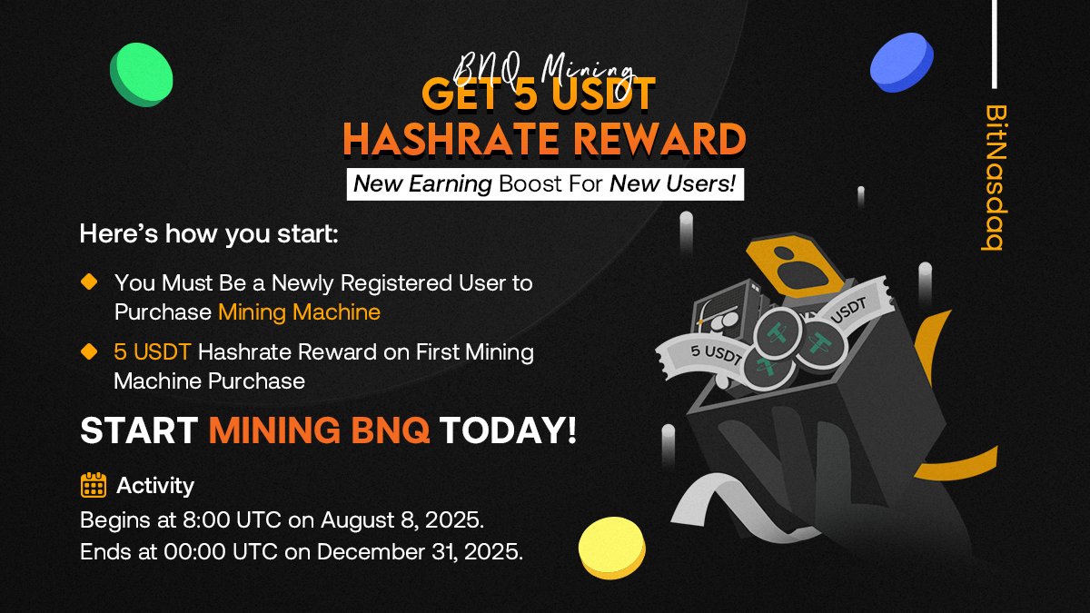 BitnasdaqGlobal's tweet image. Get 5 USDT Hashrate on First Mining Machine Purchase💰
Complete KYC to get 5 USDT free Hashrate as a Test Miner. Purchase first Mining Machine to upgrade to Ordinary Miner and get 5 USDT Hashrate📈
Double your #MiningRewards! Complete #KYC + buy your first #MiningMachine to get…