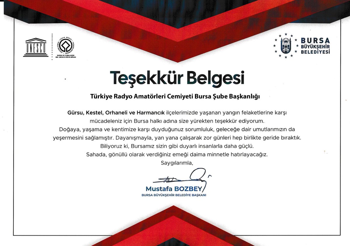 TRAC Bursa Şubesi (@tracbursa) on Twitter photo İlimizde meydana gelen orman yangınlarında, afet anlarında kritik öneme sahip haberleşmenin kesintisiz sürdürülmesi için gönüllü olarak verdiğimiz destek dolayısıyla Bursa Büyükşehir Belediyesi tarafından Teşekkür Belgesi ile onurlandırıldık. <a href="/bursabuyuksehir/">Bursa Büyükşehir Belediyesi</a> <a href="/mustafabozbey/">Mustafa Bozbey</a> İlimizde meydana gelen orman yangınlarında, afet anlarında kritik öneme sahip haberleşmenin kesintisiz sürdürülmesi için gönüllü olarak verdiğimiz destek dolayısıyla Bursa Büyükşehir Belediyesi tarafından Teşekkür Belgesi ile onurlandırıldık. <a href="/bursabuyuksehir/">Bursa Büyükşehir Belediyesi</a> <a href="/mustafabozbey/">Mustafa Bozbey</a>