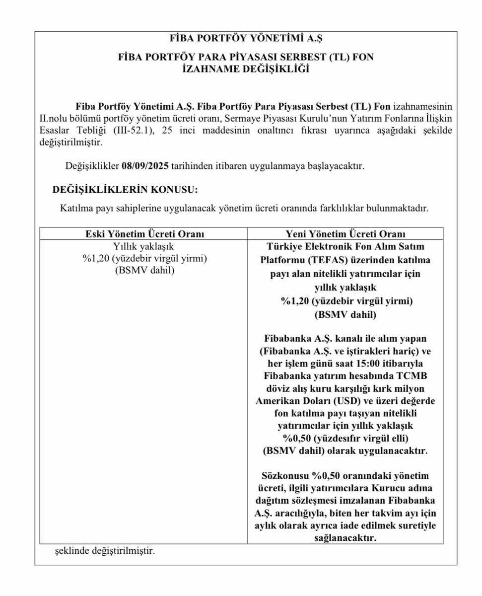 FSF - Fiba Portföy Para Piyasası Serbest Fon'unun Yönetim Ücretinin Düşürülmesine Dair Karar ve Şartları ⬇️

Fibabanka A.Ş. kanalı ile alım yapan (Fibabanka A.Ş. ve iştirakleri hariç) ve her işlem günü saat 15:00 itibarıyla Fibabanka yatırım hesabında TCMB döviz alış kuru