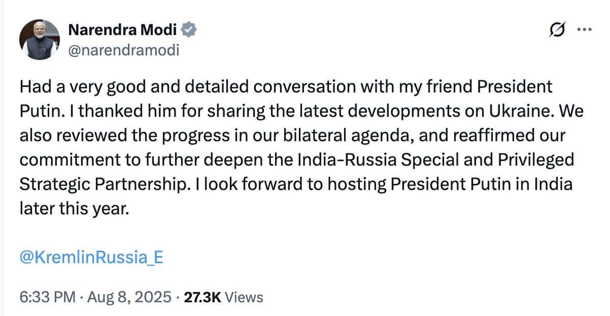 Donald Trump: "You India bad, buying Russian oil bad, everyone bad, I throw tariffs, I am boss. Please, please say I made ceasefire with Pakistan, please I beg u, please say I caused ceasefire everywhere. You Modi bad, Putin bad, Lula bad 😡"

Le PM Modi: Zero fucks given
