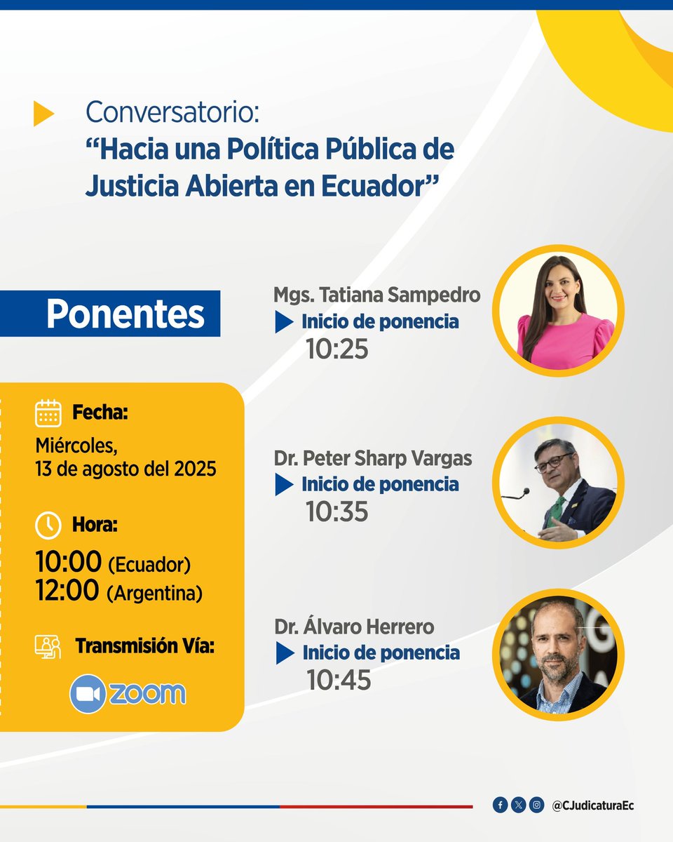 Consejo de la Judicatura (@cjudicaturaec) on Twitter photo 🌎 | #ConvenioInternacional
El <a href="/CJudicaturaEc/">Consejo de la Judicatura</a>, en coordinación con la Red Internacional de Justicia Abierta (<a href="/RedRija/">Red Internacional de Justicia Abierta</a>), presentará un memorando de entendimiento con el propósito de implementar una Política Institucional de Justicia Abierta en Ecuador.
📅 Este acto se realizará 🌎 | #ConvenioInternacional
El <a href="/CJudicaturaEc/">Consejo de la Judicatura</a>, en coordinación con la Red Internacional de Justicia Abierta (<a href="/RedRija/">Red Internacional de Justicia Abierta</a>), presentará un memorando de entendimiento con el propósito de implementar una Política Institucional de Justicia Abierta en Ecuador.
📅 Este acto se realizará