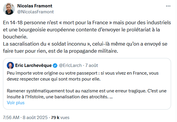 L'indignité, c'est quand des petits bourgeois idéologues, un siècle après les faits, prétendent savoir pourquoi combattaient leurs ancêtres et donnent des leçons de défaitisme marxiste pour asseoir leur pseudo supériorité intellectuelle sur une plèbe qui leur échappe encore...