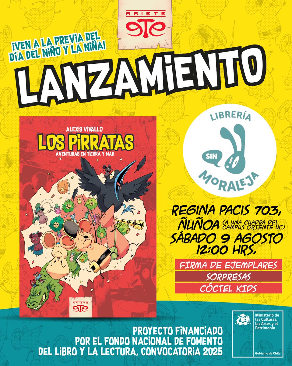 Ariete Producciones (@arietepro) on Twitter photo Este sábado 9 de agosto lanzaremos oficialmente "Los Pirratas", el más reciente de los títulos que publicamos con <a href="/ArietePro/">Ariete Producciones</a>.
Desde las 12 en Librería Sin Moraleja, Ñuñoa.
Todos invitados.
¡Lleven a sus monos shicos! Este sábado 9 de agosto lanzaremos oficialmente "Los Pirratas", el más reciente de los títulos que publicamos con <a href="/ArietePro/">Ariete Producciones</a>.
Desde las 12 en Librería Sin Moraleja, Ñuñoa.
Todos invitados.
¡Lleven a sus monos shicos!