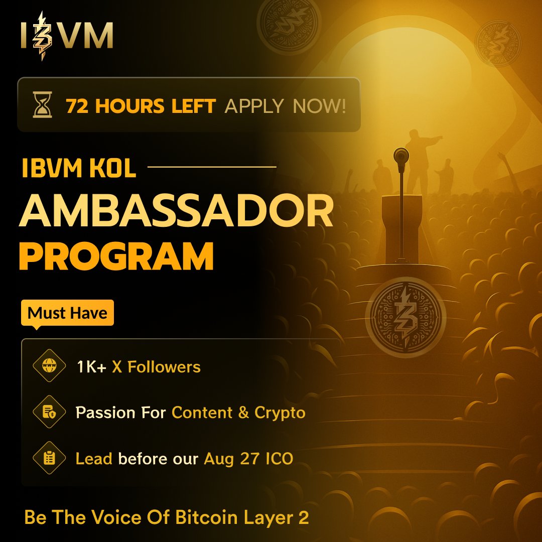 🌍 IBVM is recruiting KOL Ambassadors 🌍
This isn’t just a program — it’s the start of a global shift.

🔗 Apply now: forms.gle/f2LgCEbiEa34TM…

Programmable. Scalable. Borderless.
IBVM is building the most powerful Bitcoin Layer 2 for the next billion users.

🎯 Have 1K+ X