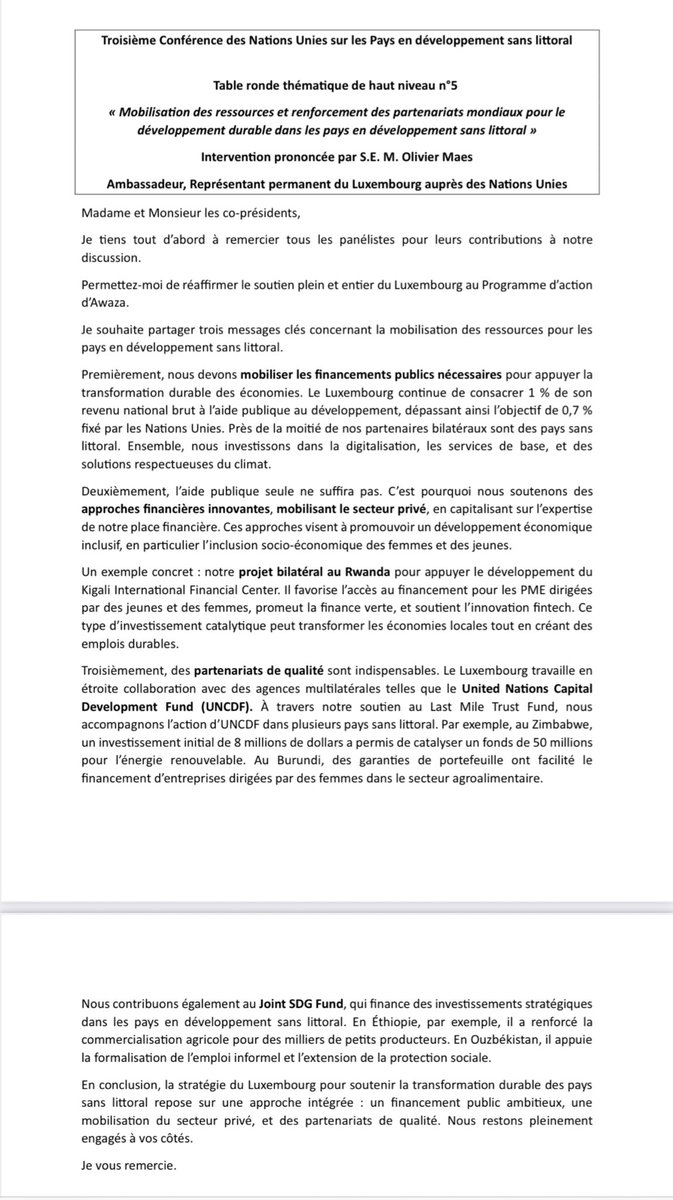 Luxembourg at the UN🇱🇺🇺🇳 (@luxembourgun) on Twitter photo <a href="/MFA_Lu/">MFA Luxembourg 🇱🇺</a> <a href="/cooperation_lu/">Luxembourg Aid & Development</a> <a href="/olivierjmaes/">Olivier Maes</a> <a href="/LUinKigali/">Embassy of Luxembourg in Kigali</a> <a href="/LUinBangkok/">Luxembourg Embassy in Bangkok</a> <a href="/UNOHRLLS/">UN-OHRLLS</a> <a href="/EUatUN/">🇪🇺EU at UN-NY</a> <a href="/AustriaUN/">Austria UN</a> <a href="/nymongolia/">Mongolian Mission to the UN in New York🇲🇳🇺🇳</a> <a href="/GlobalGoalsUN/">Global Goals</a> At the #LLDC3 roundtable on resource mobilization, Luxembourg highlighted its allocation of 1% of GNI to ODA. We are combining public financing with innovative finance, private finance, and strategic partnerships to drive lasting change. Examples: our support to 🇧🇮🇪🇹🇷🇼🇺🇿🇿🇼 <a href="/MFA_Lu/">MFA Luxembourg 🇱🇺</a> <a href="/cooperation_lu/">Luxembourg Aid & Development</a> <a href="/olivierjmaes/">Olivier Maes</a> <a href="/LUinKigali/">Embassy of Luxembourg in Kigali</a> <a href="/LUinBangkok/">Luxembourg Embassy in Bangkok</a> <a href="/UNOHRLLS/">UN-OHRLLS</a> <a href="/EUatUN/">🇪🇺EU at UN-NY</a> <a href="/AustriaUN/">Austria UN</a> <a href="/nymongolia/">Mongolian Mission to the UN in New York🇲🇳🇺🇳</a> <a href="/GlobalGoalsUN/">Global Goals</a> At the #LLDC3 roundtable on resource mobilization, Luxembourg highlighted its allocation of 1% of GNI to ODA. We are combining public financing with innovative finance, private finance, and strategic partnerships to drive lasting change. Examples: our support to 🇧🇮🇪🇹🇷🇼🇺🇿🇿🇼