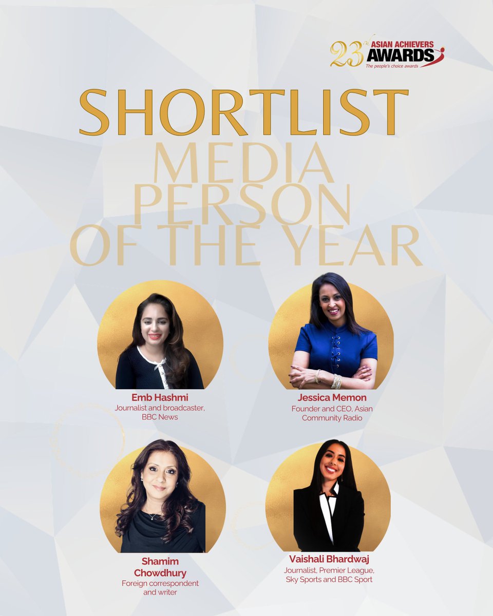 Our 𝗦𝗵𝗼𝗿𝘁𝗹𝗶𝘀𝘁 𝗳𝗼𝗿 𝗠𝗲𝗱𝗶𝗮 𝗣𝗲𝗿𝘀𝗼𝗻 𝗼𝗳 𝘁𝗵𝗲 𝗬𝗲𝗮𝗿 is out:

👏 @embjournalist from <a href="/BBCNews/">BBC News (UK)</a>
👏 @jessdesivibes from ROQ
👏 Foreign correspondent <a href="/shamimjourno/">shamim chowdhury</a>
👏 @vaibhardwaj from <a href="/premierleague/">Premier League</a> @skysports &amp; <a href="/BBCSport/">BBC Sport</a> 

Read more: asianachieversawards.com/asian-achiever…