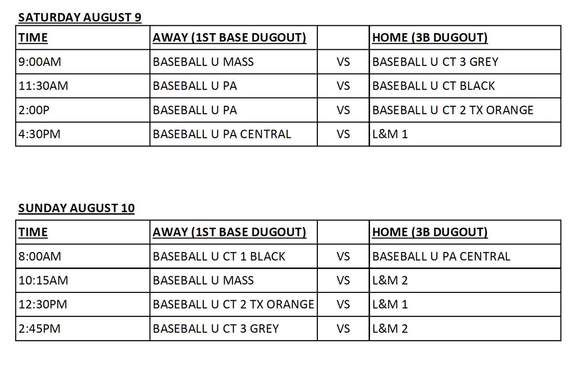Schedule for 8/9 - 8/10 at <a href="/YogiBerraStad/">Yogi Berra Stadium</a> the home of <a href="/montclair_base/">Montclair Baseball</a>