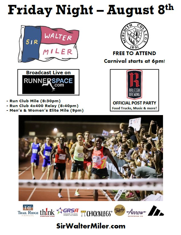 Tonight is the night! The 12th Sir Walter Miler is upon us.

6pm Carnival at <a href="/MeredithCollege/">Meredith College</a> 
8:30pm Races begin
10pm Post Party at <a href="/RaleighBrewing/">Raleigh Brewing Co.</a> 

Start lists and details: sirwaltermiler.com/2025-info/

Read about the event in <a href="/WalterMagazine/">WALTER</a> waltermagazine.com/community/the-…

Can’t make it