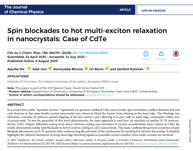Happy to contribute to Prof. David Jonas Festschrift in <a href="/JChemPhys/">The Journal of Chemical Physics</a> !🎉 
Our study unravels the generic behavior of spin-blockade dynamics of hot multi-excitons in II-VI QDs
👉doi.org/10.1063/5.0276…
 #SpinBlockade #Excitons #Semiconductors #UltrafastScience