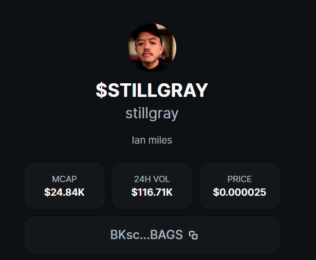 Thanks <a href="/Cryptoholic_boy/">Cryptoholicboy</a> for making a token in my name. 100% royalties go to me, which I'll be putting to good use!  

I will keep supporting $STILLGRAY CA :
 BKscNYRd8meqEjQa3KNxRdNXGex2n3vKH2Cq2sCmBAGS

Also thanks to <a href="/BagsApp/">BAGS</a> founder <a href="/finnbags/">FINN</a> for this amazing opportunity.