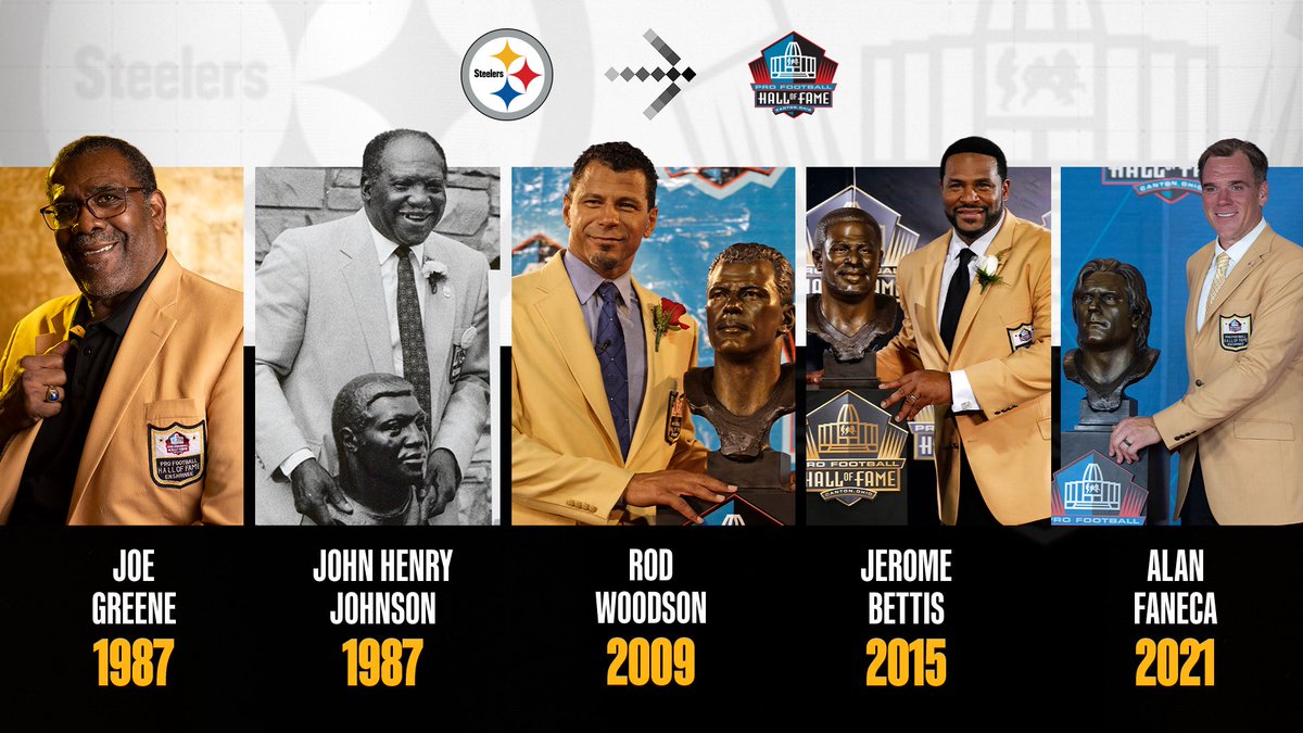 Steelers History (@steelershistory) on Twitter photo OTD Joe Greene (1987), John Henry Johnson (1987), Rod Woodson (2009), Jerome Bettis (2015) & Alan Faneca (2021) were inducted into the <a href="/ProFootballHOF/">Pro Football Hall of Fame</a>.
๐: bit.ly/47lWNnH OTD Joe Greene (1987), John Henry Johnson (1987), Rod Woodson (2009), Jerome Bettis (2015) & Alan Faneca (2021) were inducted into the <a href="/ProFootballHOF/">Pro Football Hall of Fame</a>.
๐: bit.ly/47lWNnH